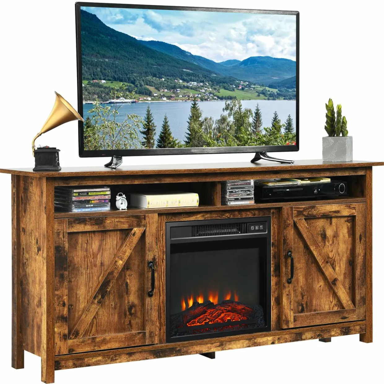 Industrial Fireplace TV Stand for TVs Up to 65 Inches, Entertainment Center w/18 1400W Electric Fireplace