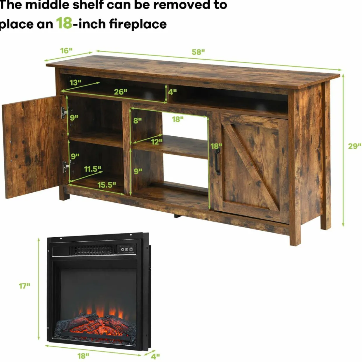 Industrial Fireplace TV Stand for TVs Up to 65 Inches, Entertainment Center w/18 1400W Electric Fireplace