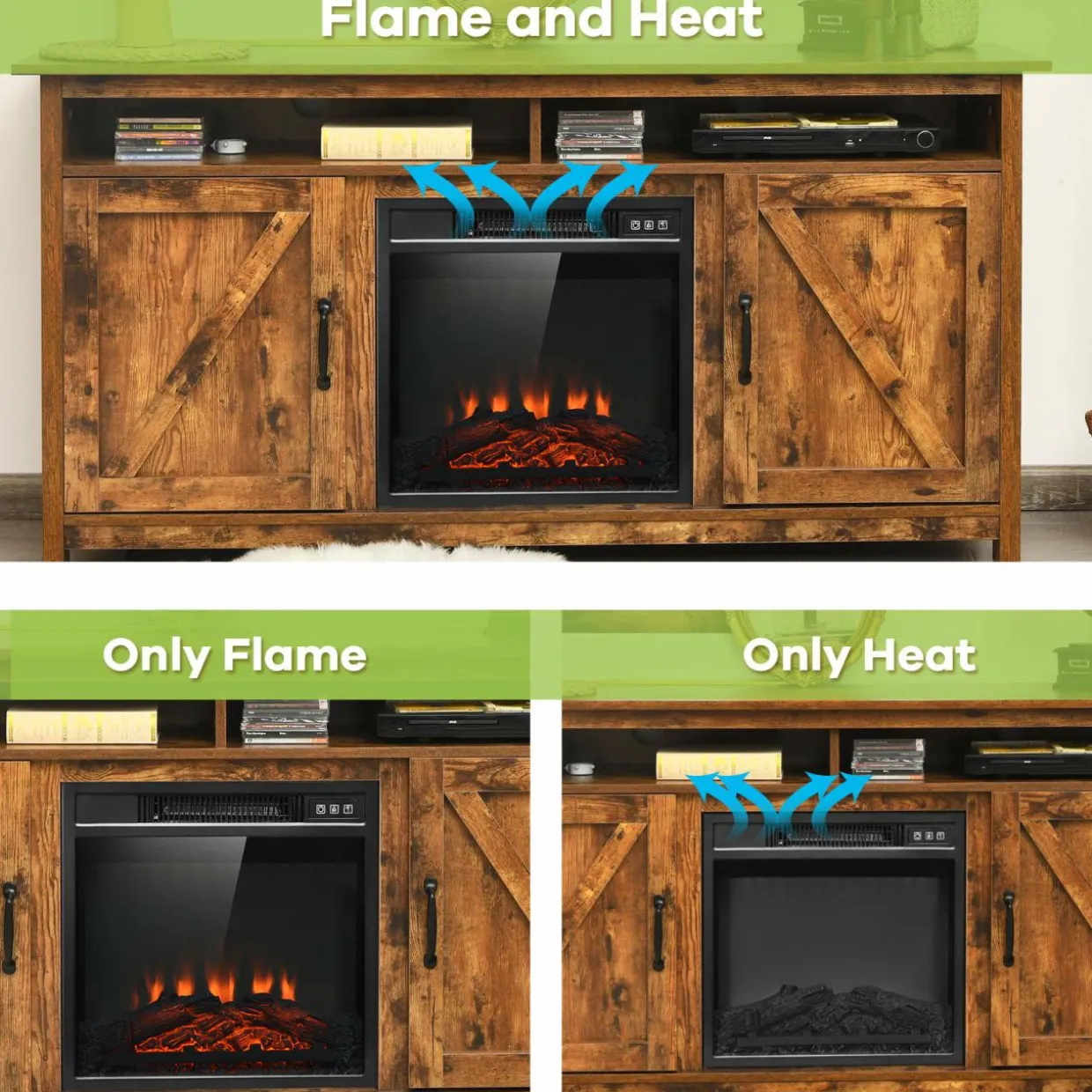 Industrial Fireplace TV Stand for TVs Up to 65 Inches, Entertainment Center w/18 1400W Electric Fireplace