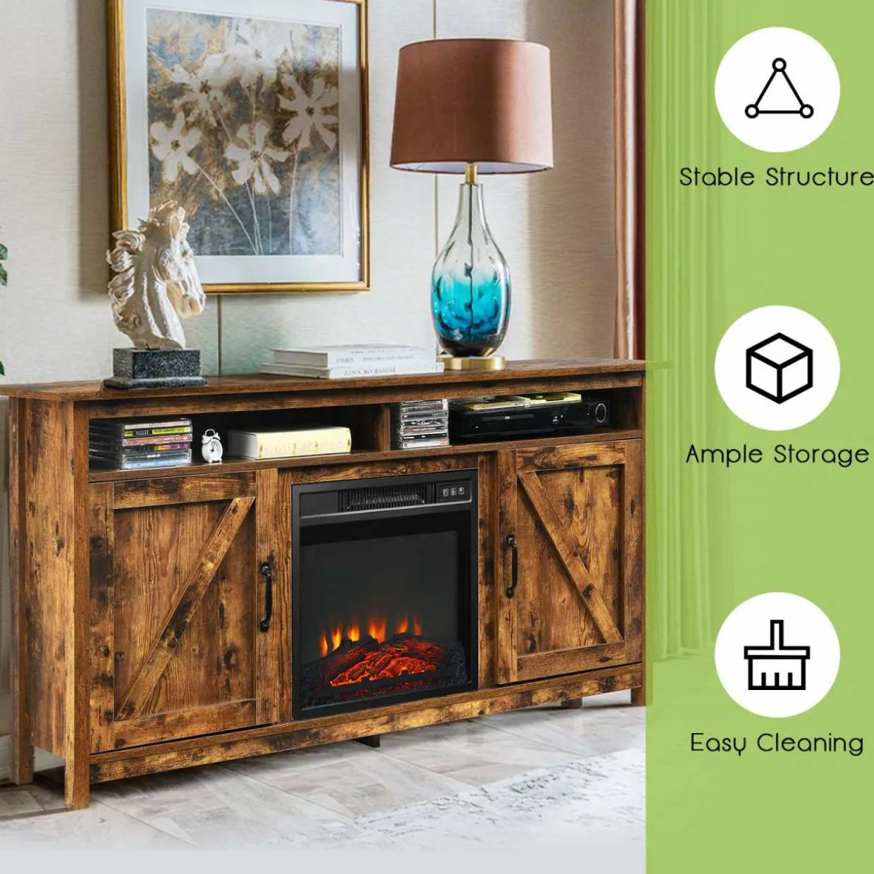 Industrial Fireplace TV Stand for TVs Up to 65 Inches, Entertainment Center w/18 1400W Electric Fireplace