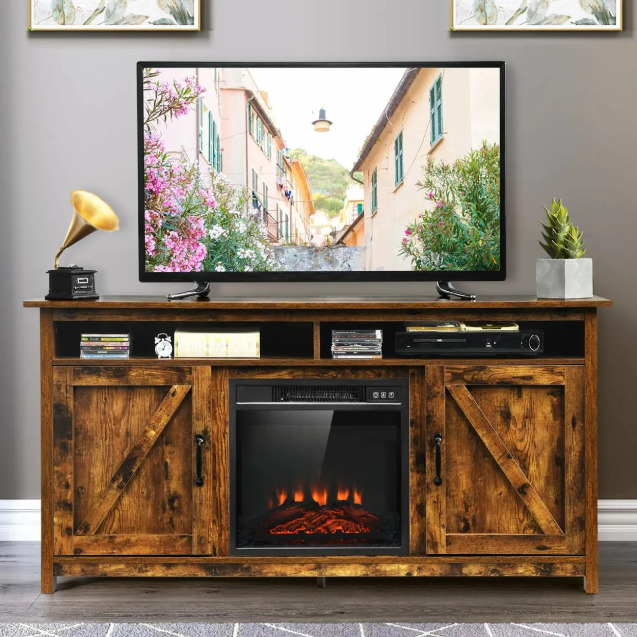 Industrial Fireplace TV Stand for TVs Up to 65 Inches, Entertainment Center w/18 1400W Electric Fireplace