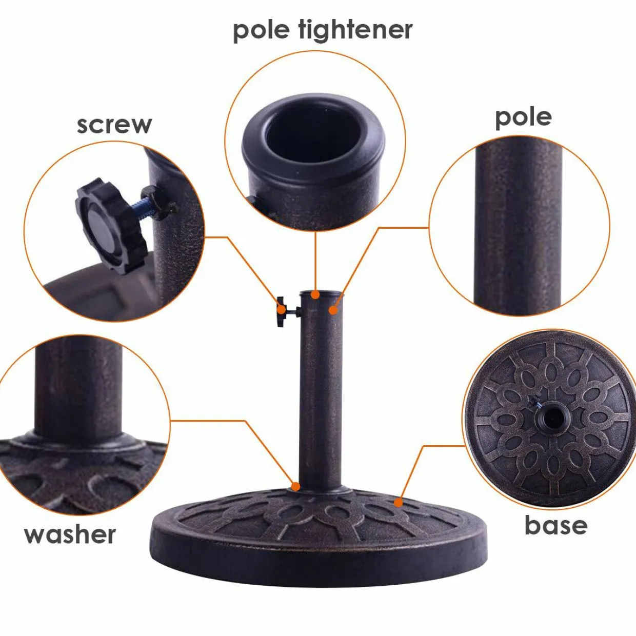 30lbs Patio Market Umbrella Base, Heavy Duty Outdoor Stand, Cast Iron Umbrella Holder for Garden Beach, Classic Round Umbrella Standing Deck Porch