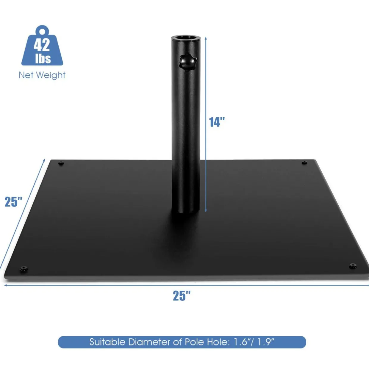 42 LBS Patio Umbrella Base, 25 Inches Heavy Duty, 1.6"-1.9" Adapters (Black)