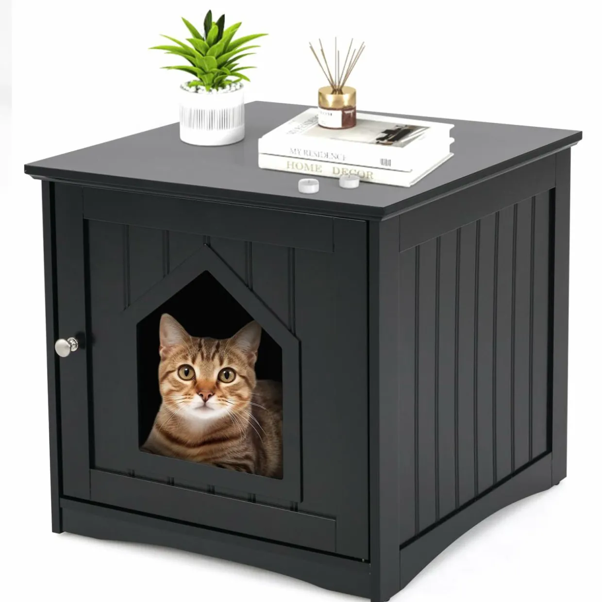 Litter Box Enclosure, Cat Litter Box Furniture Hidden, Nightstand Pet House with Magnetic Door