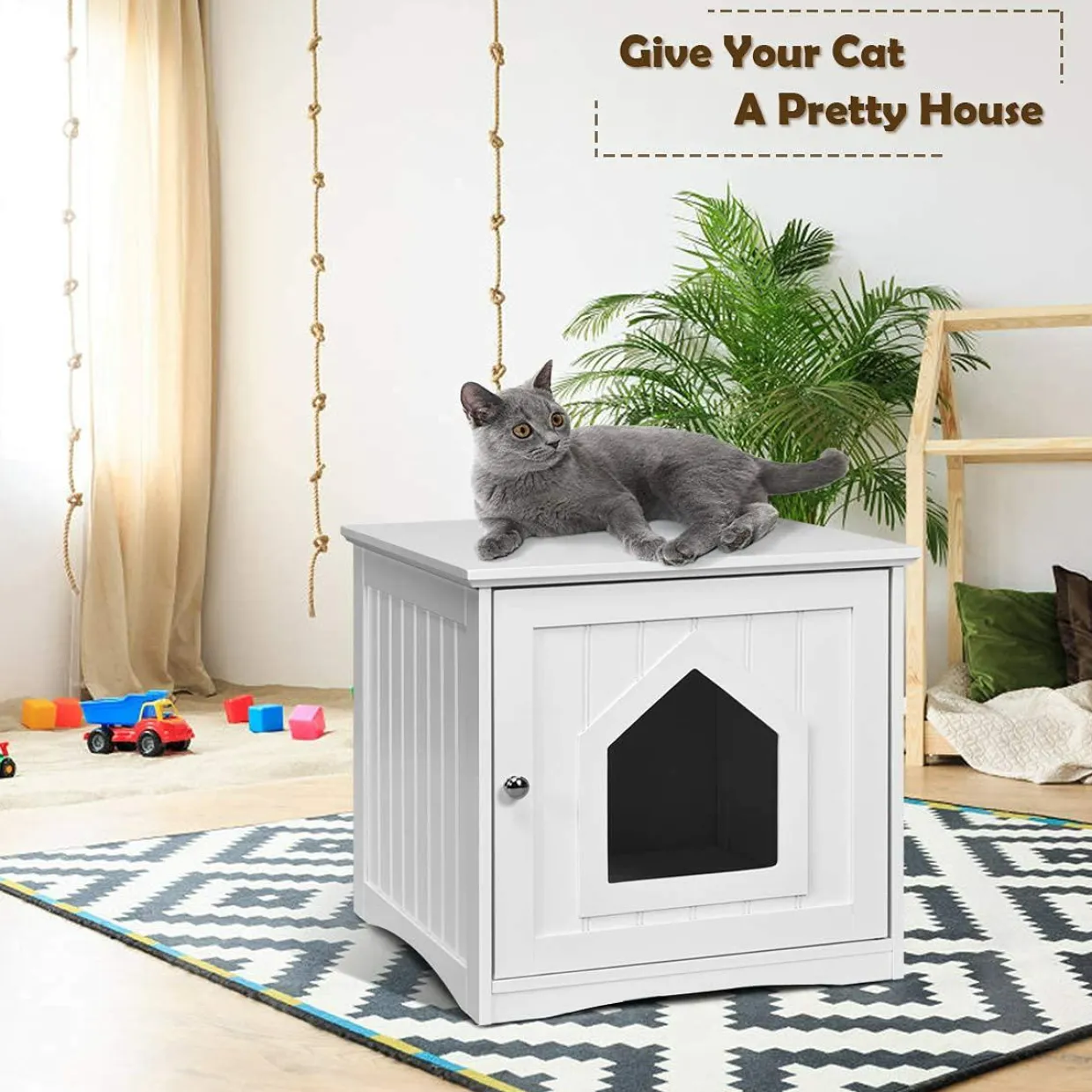 Litter Box Enclosure, Cat Litter Box Furniture Hidden, Nightstand Pet House with Magnetic Door