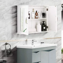 Medicine Cabinet with Mirror, Bathroom Wall Mounted Mirror Cabinet with Double Mirror Doors, 23.5 x 5.5 x 19.5 Inches (White)