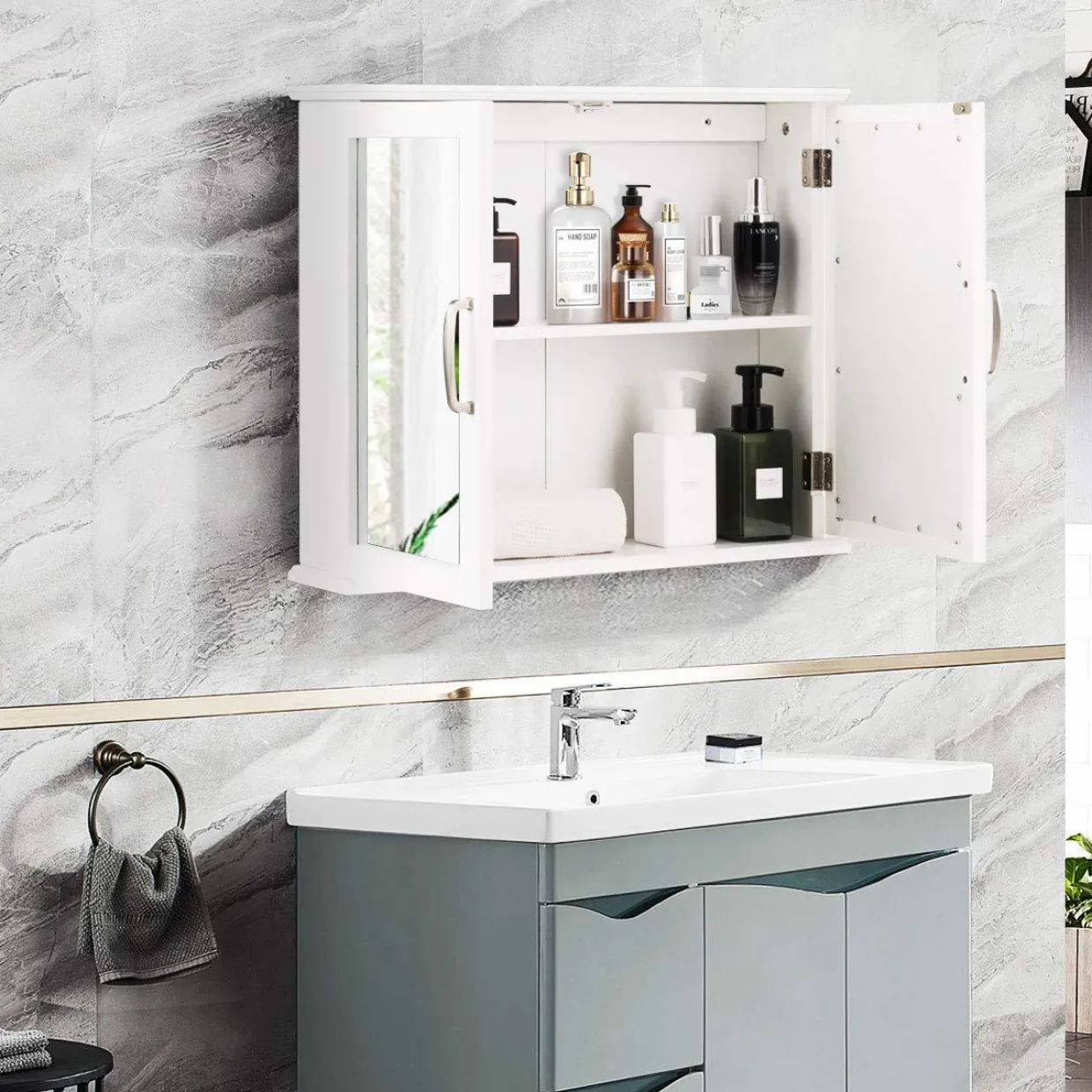 Medicine Cabinet with Mirror, Bathroom Wall Mounted Mirror Cabinet with Double Mirror Doors, 23.5 x 5.5 x 19.5 Inches (White)
