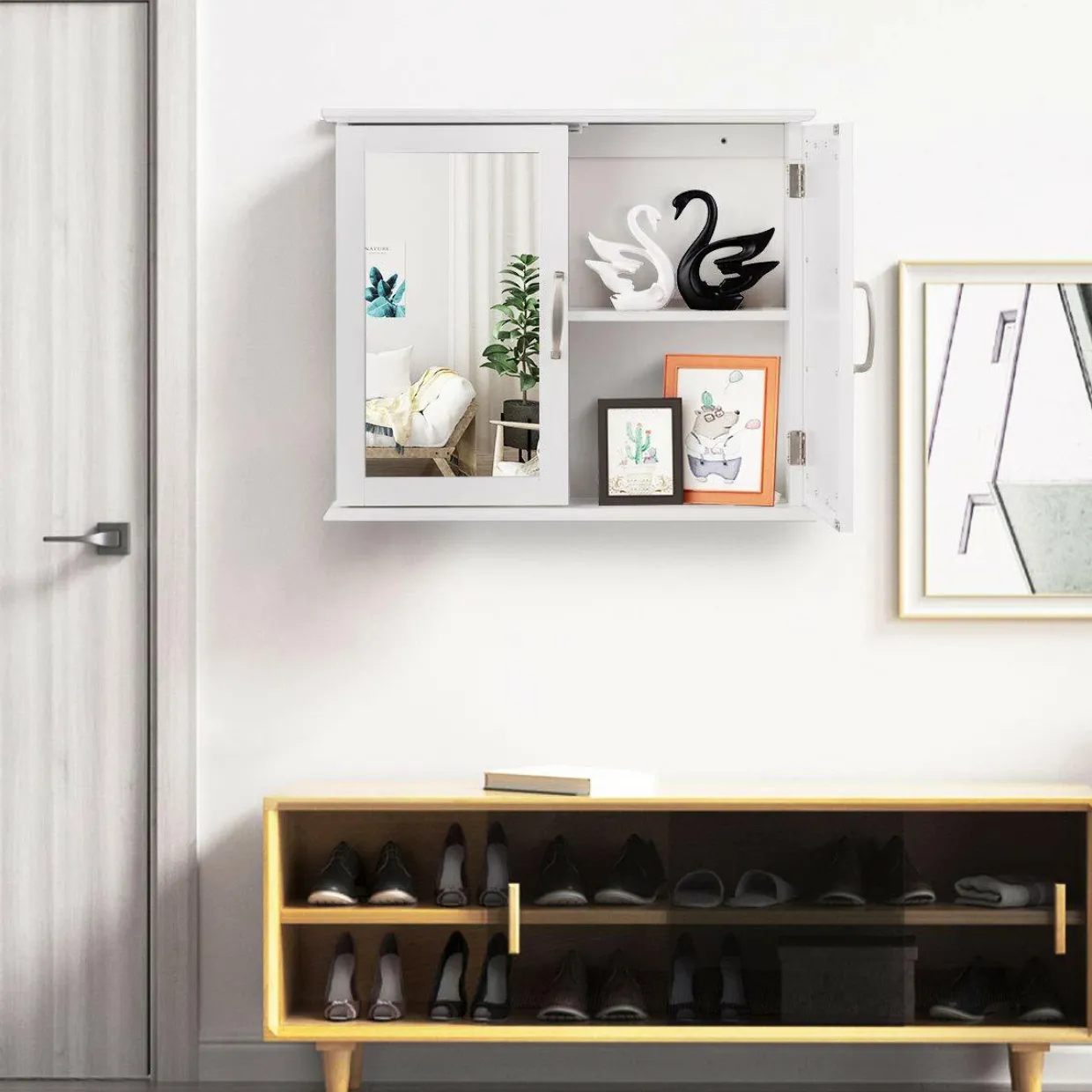 Medicine Cabinet with Mirror, Bathroom Wall Mounted Mirror Cabinet with Double Mirror Doors, 23.5 x 5.5 x 19.5 Inches (White)