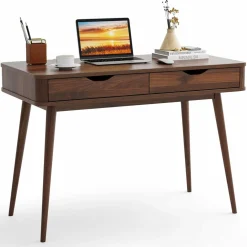 Mid-Century Desk with 2 Drawers, Writing Study Desk, PC Laptop Desk