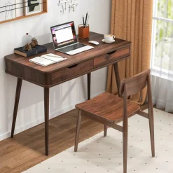 Mid-Century Desk with 2 Drawers, Writing Study Desk, PC Laptop Desk
