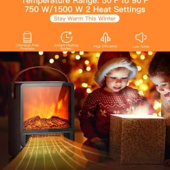14.5" Mini Portable Electric Fireplace, 750W/1500W Tabletop Stove Heater with 3D Flame & Remote Control