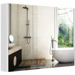 Mirrored Medicine Cabinet, Large Wide Wall Mounted Storage Cabinet with 3 Mirror Doors & Adjustable Shelf