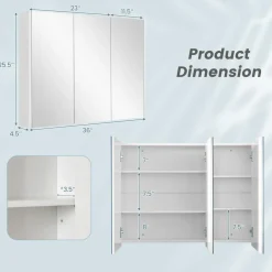 Mirrored Medicine Cabinet, Large Wide Wall Mounted Storage Cabinet with 3 Mirror Doors & Adjustable Shelf