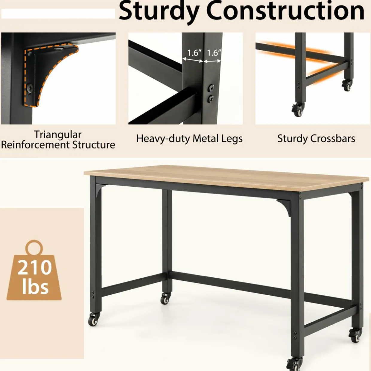 Mobile Computer Desk, Simple Style Rolling Home Office Desk Study Table Writing Desk