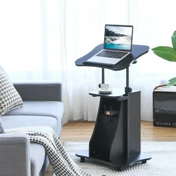 Mobile Laptop Podium, Height Adjustable Sit to Stand Desk with Tilting Desktop & Storage Cabinet
