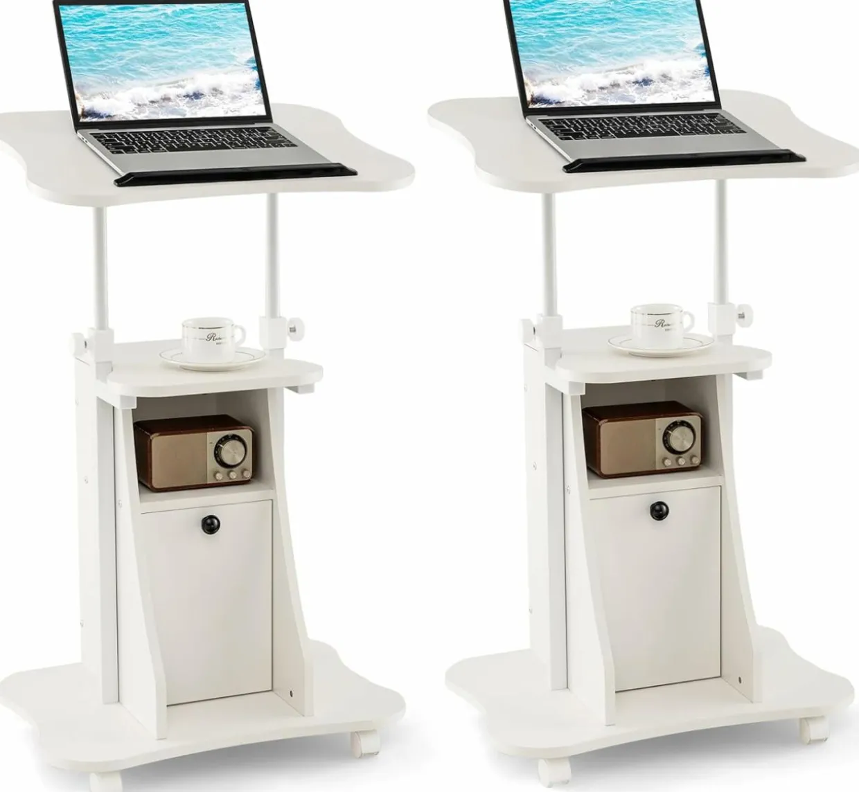 Mobile Laptop Podium, Height Adjustable Sit to Stand Desk with Tilting Desktop & Storage Cabinet