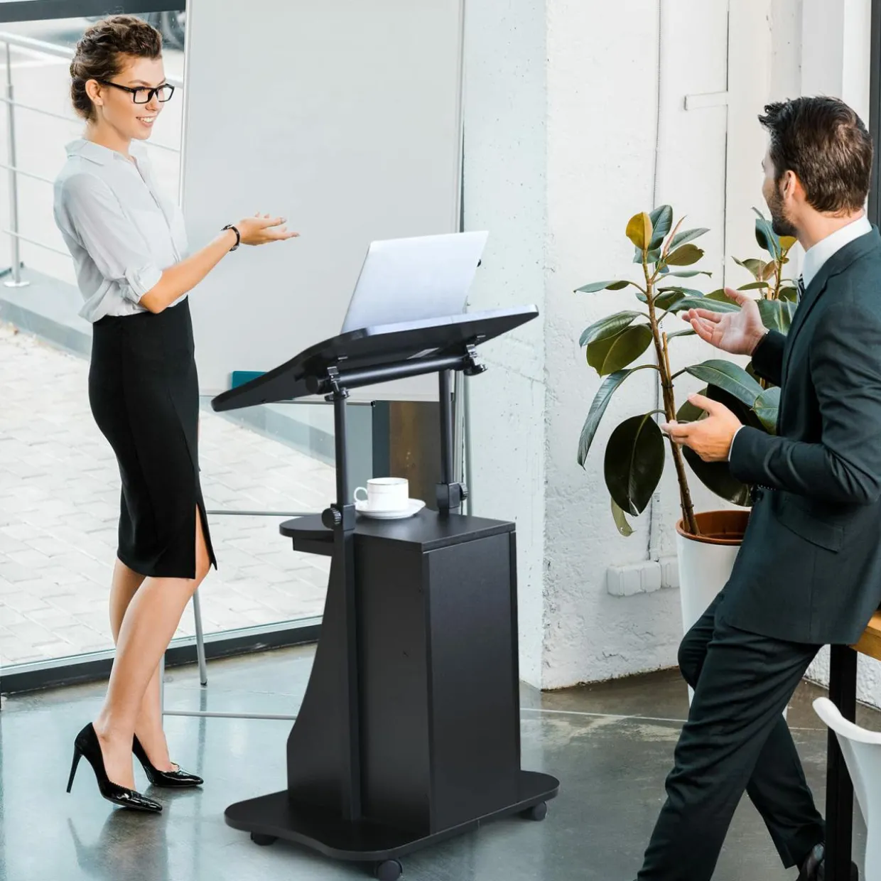 Mobile Laptop Podium, Height Adjustable Sit to Stand Desk with Tilting Desktop & Storage Cabinet