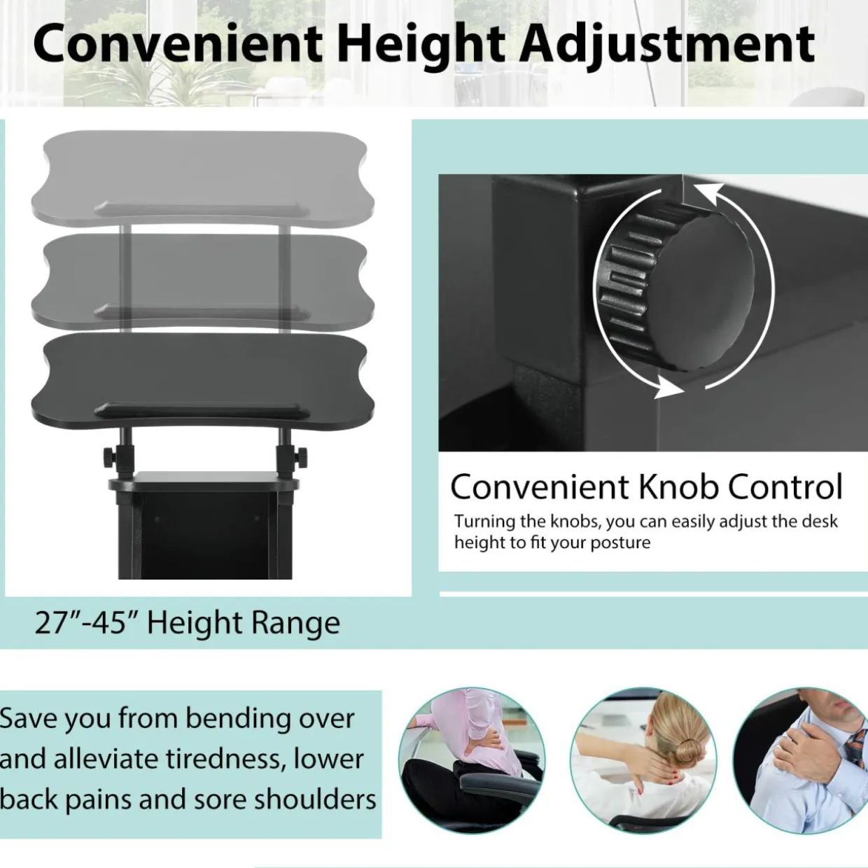 Mobile Laptop Podium, Height Adjustable Sit to Stand Desk with Tilting Desktop & Storage Cabinet