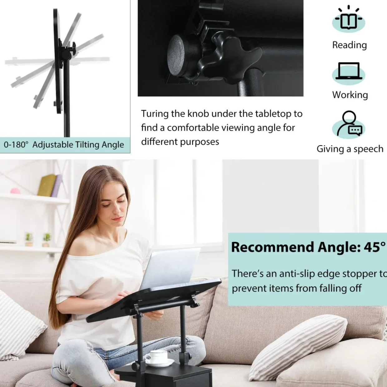 Mobile Laptop Podium, Height Adjustable Sit to Stand Desk with Tilting Desktop & Storage Cabinet