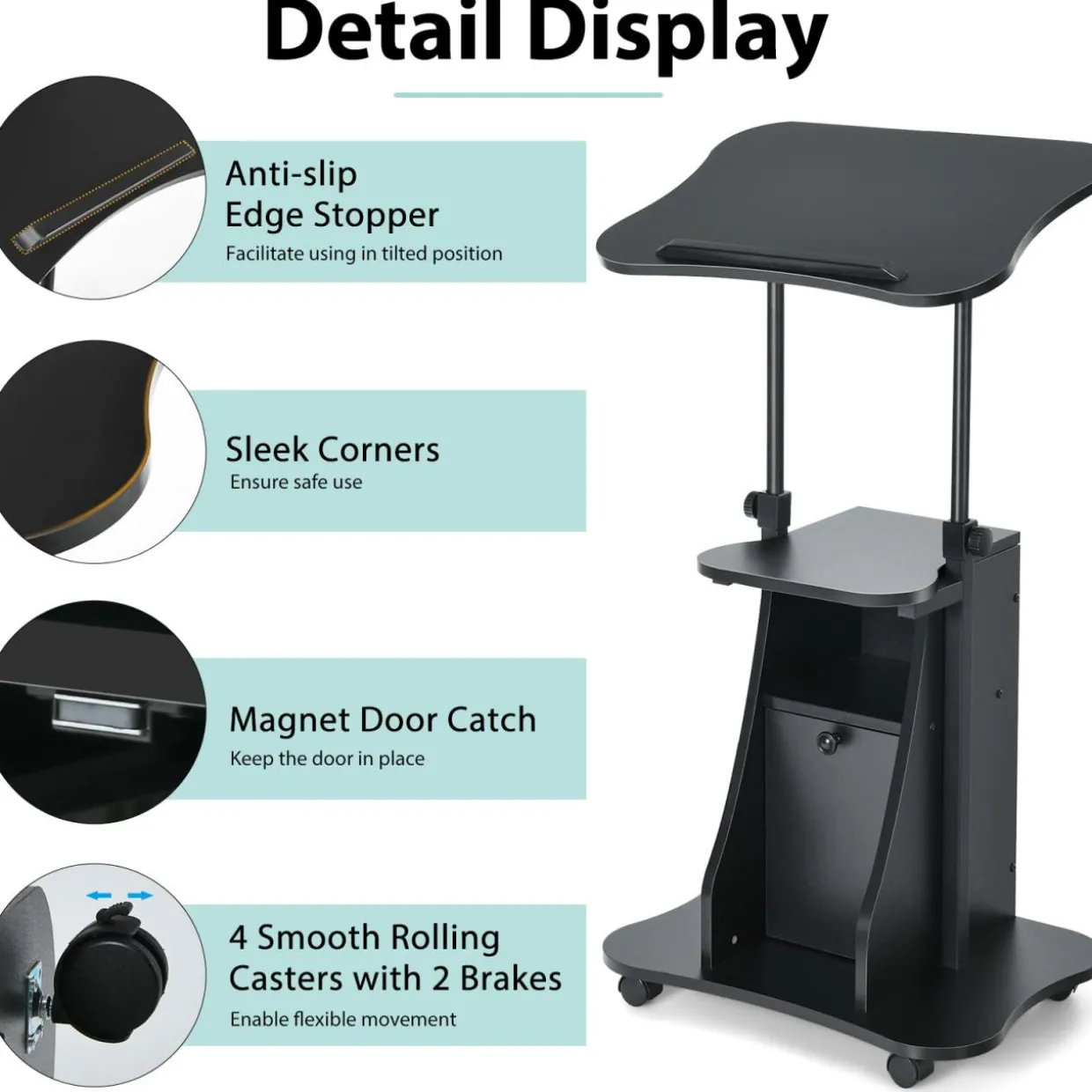 Mobile Laptop Podium, Height Adjustable Sit to Stand Desk with Tilting Desktop & Storage Cabinet