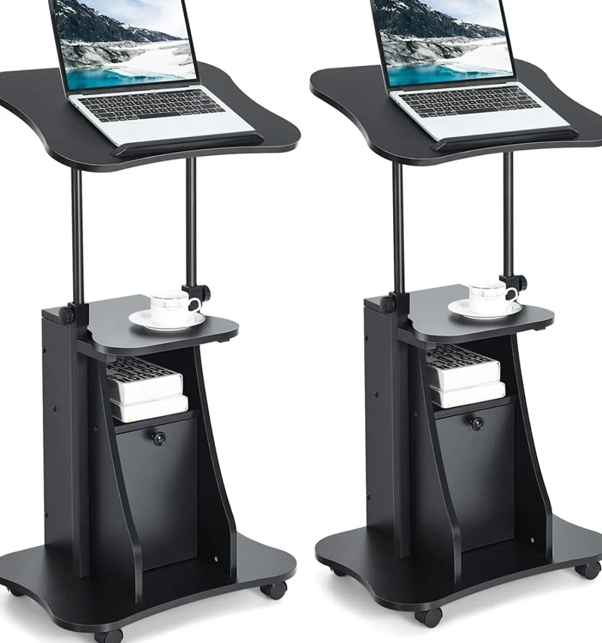 Mobile Laptop Podium, Height Adjustable Sit to Stand Desk with Tilting Desktop & Storage Cabinet