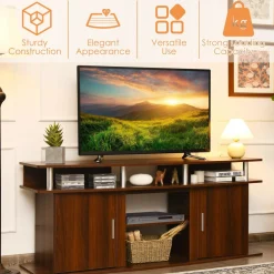Modern TV Stand for TVs up to 70 Inches, Living Room Console Table w/2 Cabinets & Open Shelves