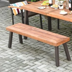 Outdoor Acacia Wood Bench, Patio Dining Bench Picnic Bench with Steel Legs (1, Teak)