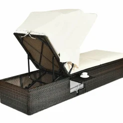 Outdoor Chaise Lounge Chair with Folding Canopy, Adjustable Cushioned Reclining Chair with Flip-up Tea Table