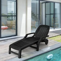 Outdoor Chaise Lounge Chair, 5-Position Adjustable Recliner with Storage Box and Flexible Wheels