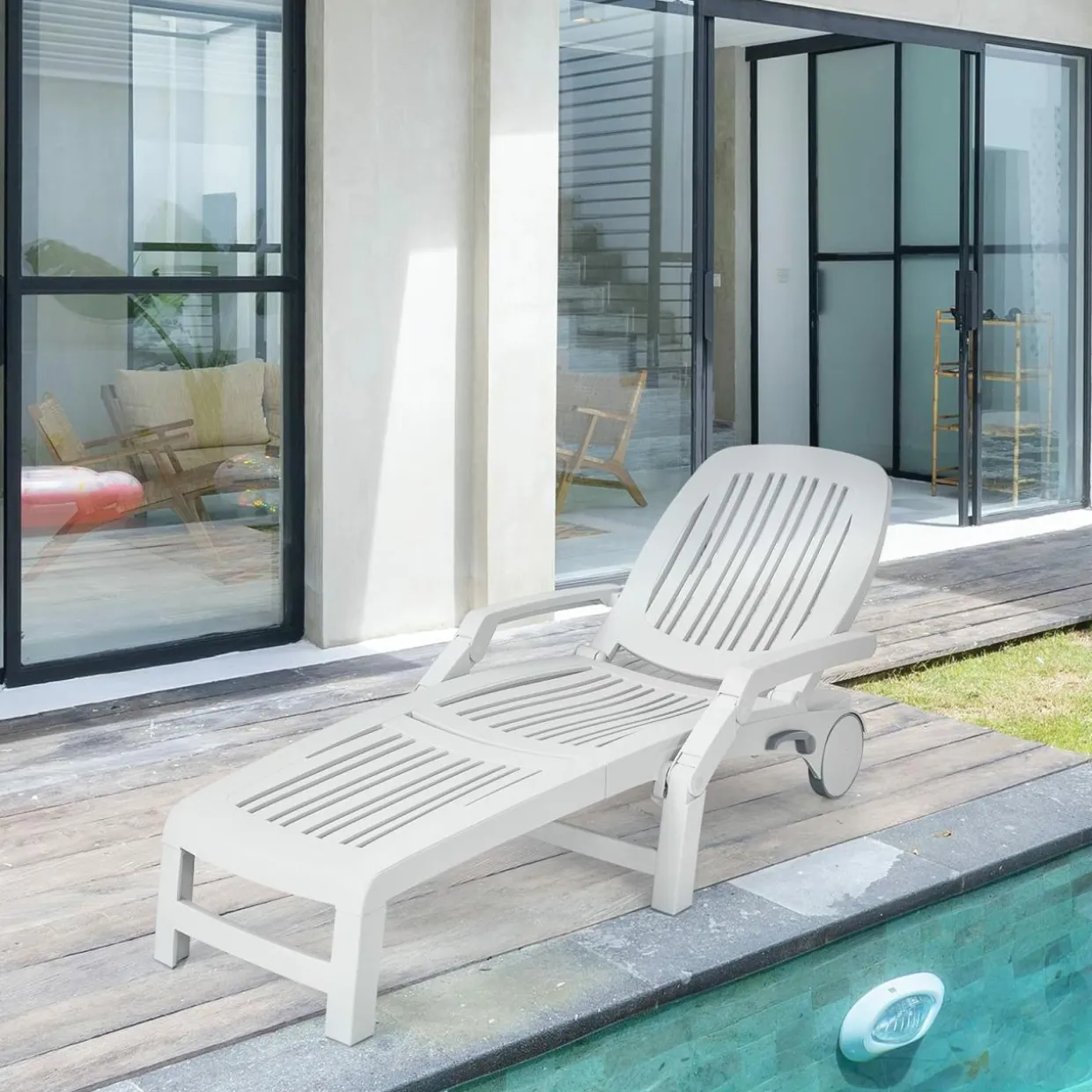 Outdoor Chaise Lounge Chair, 5-Position Adjustable Recliner with Storage Box and Flexible Wheels