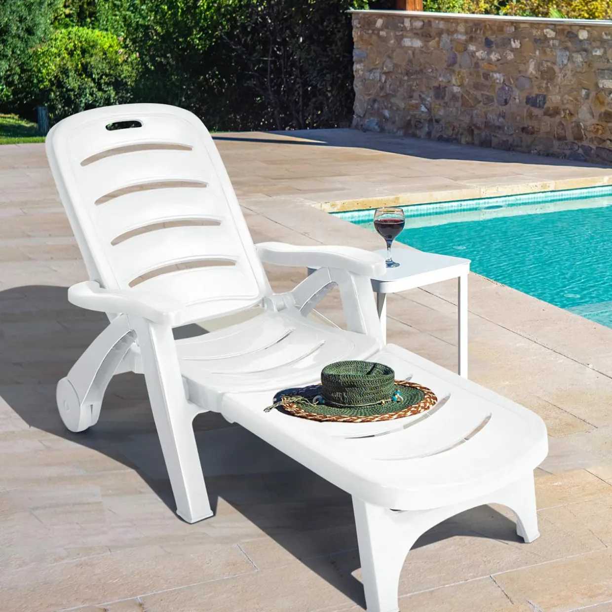 Outdoor Chaise Lounge Chair, Adjustable 5-Posistion Recliner Chair with Built-in Wheels