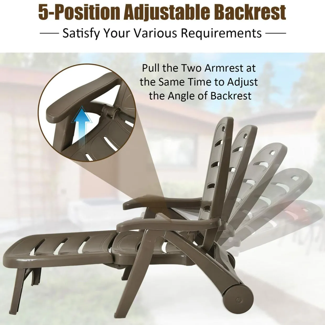 Outdoor Chaise Lounge Chair, Adjustable 5-Posistion Recliner Chair with Built-in Wheels
