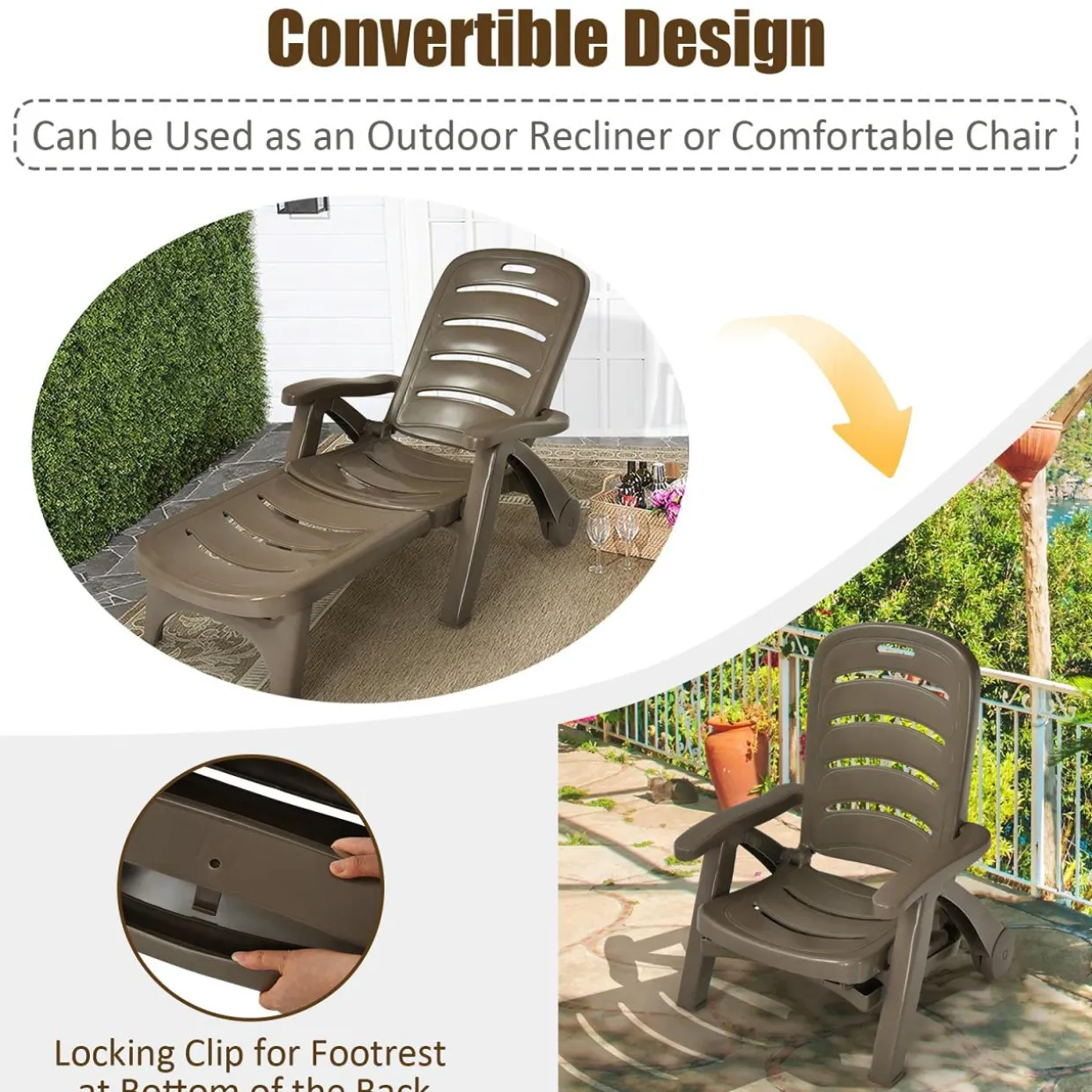 Outdoor Chaise Lounge Chair, Adjustable 5-Posistion Recliner Chair with Built-in Wheels