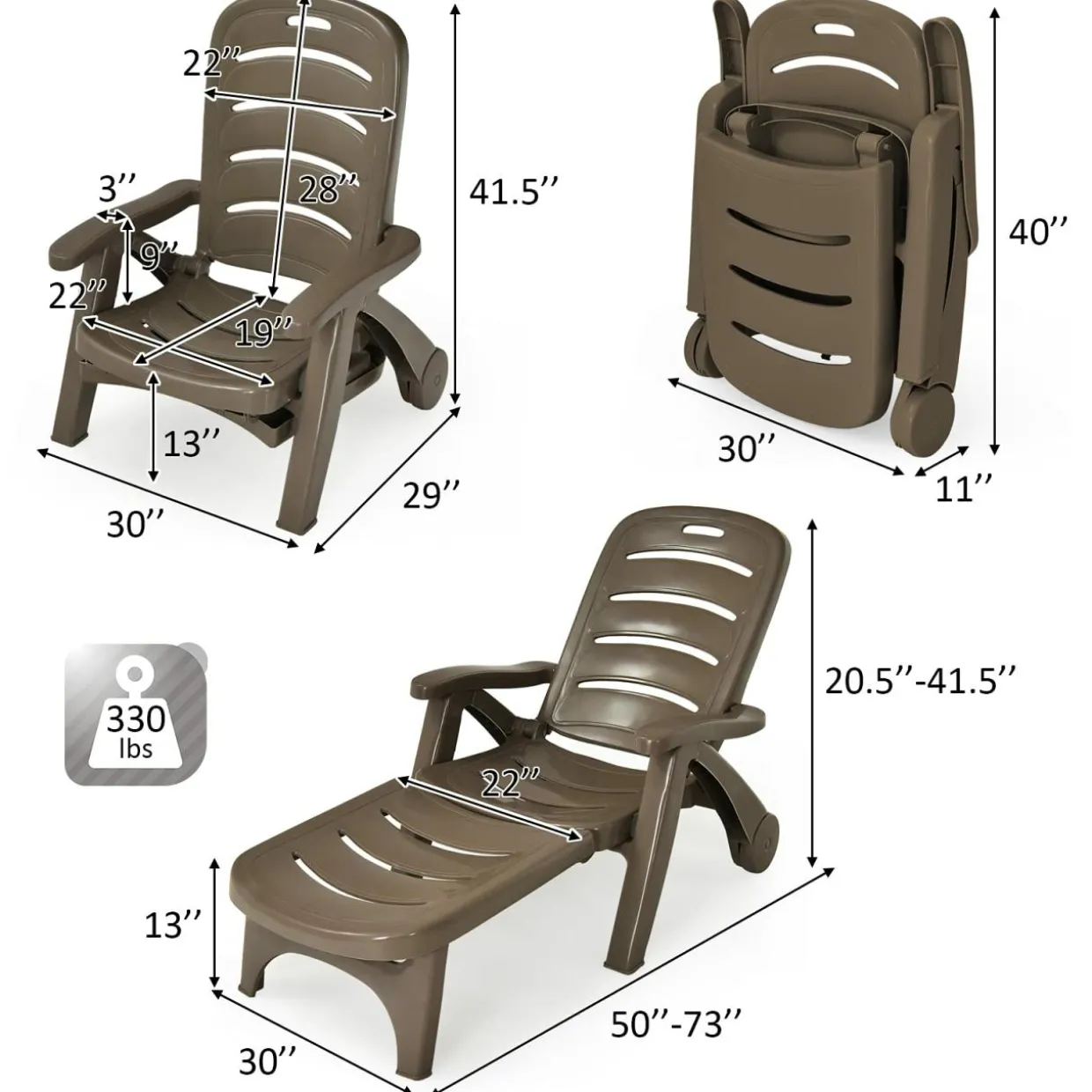 Outdoor Chaise Lounge Chair, Adjustable 5-Posistion Recliner Chair with Built-in Wheels