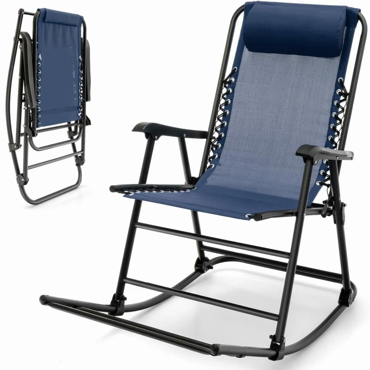 Outdoor Folding Rocking Chair, No Assembly Required, Foldable Rocker Recliner with Headrest
