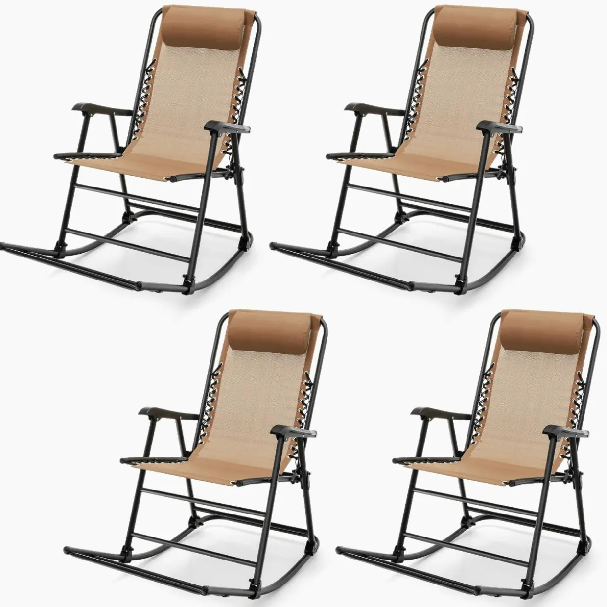 Outdoor Folding Rocking Chair, No Assembly Required, Foldable Rocker Recliner with Headrest