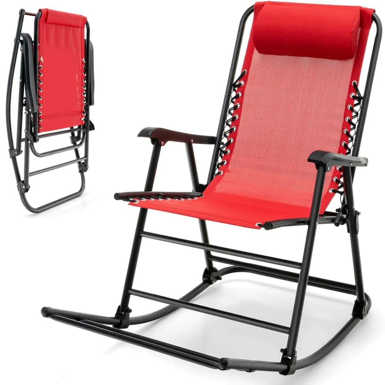 Outdoor Folding Rocking Chair, No Assembly Required, Foldable Rocker Recliner with Headrest