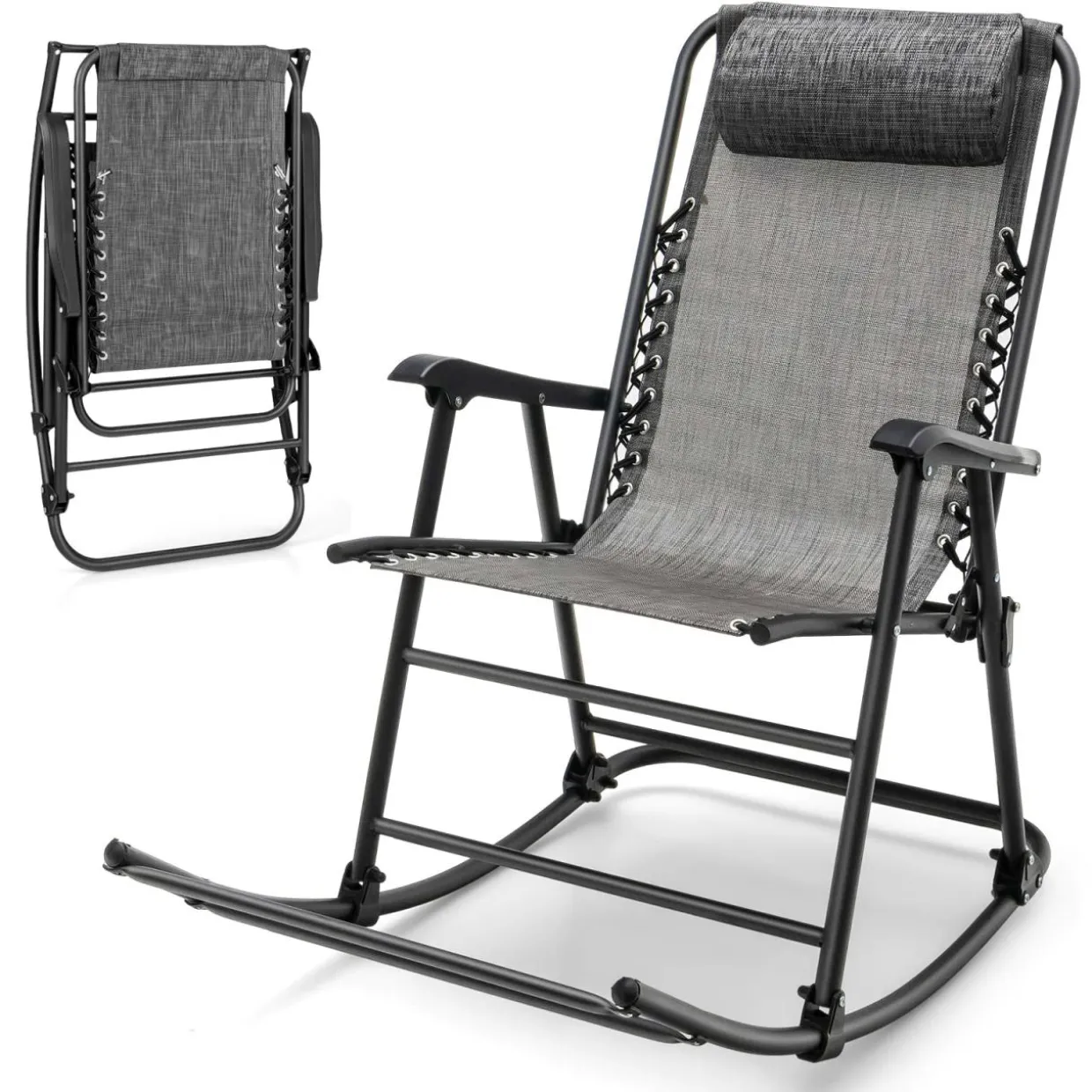 Outdoor Folding Rocking Chair, No Assembly Required, Foldable Rocker Recliner with Headrest