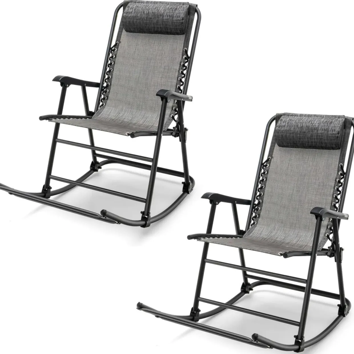 Outdoor Folding Rocking Chair, No Assembly Required, Foldable Rocker Recliner with Headrest