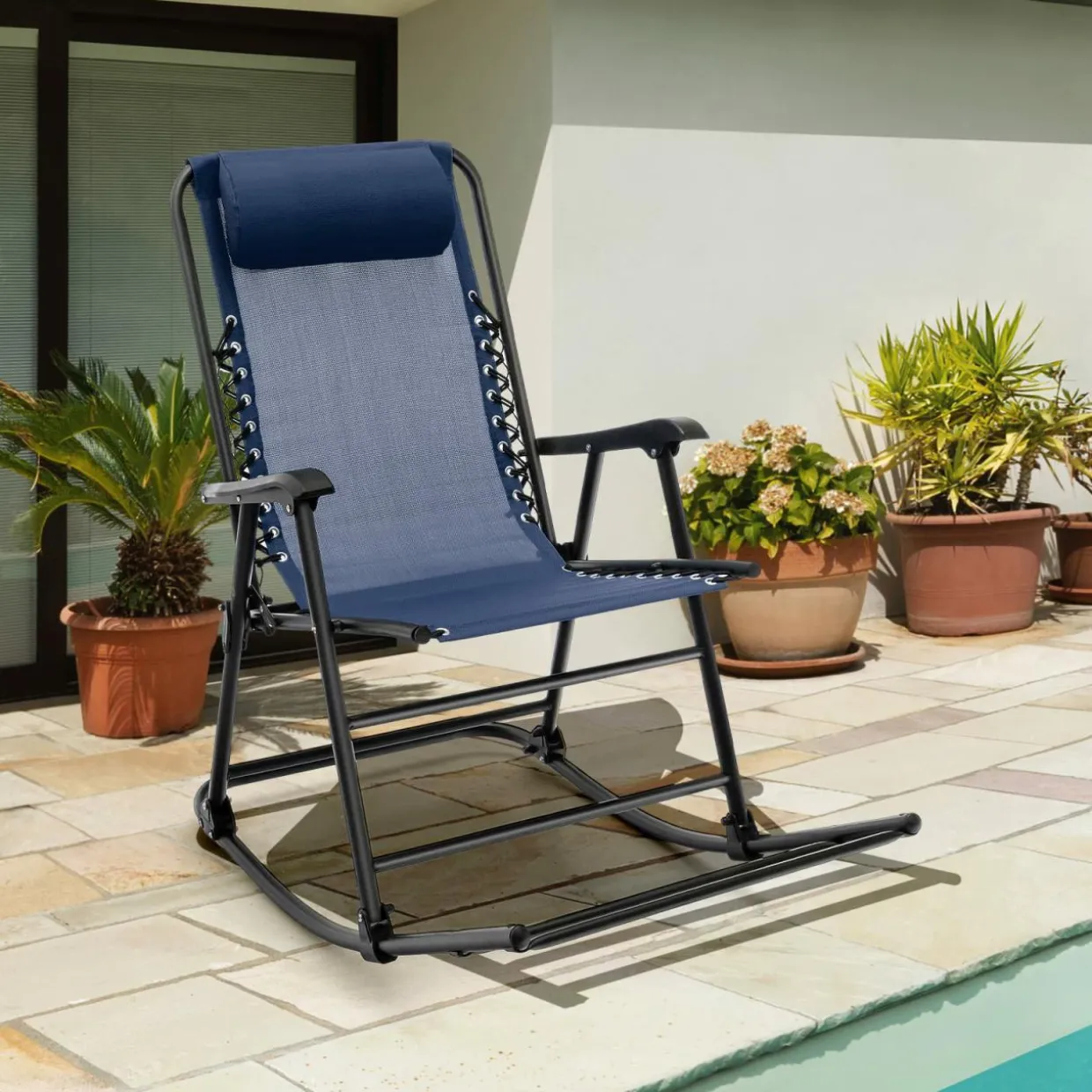 Outdoor Folding Rocking Chair, No Assembly Required, Foldable Rocker Recliner with Headrest