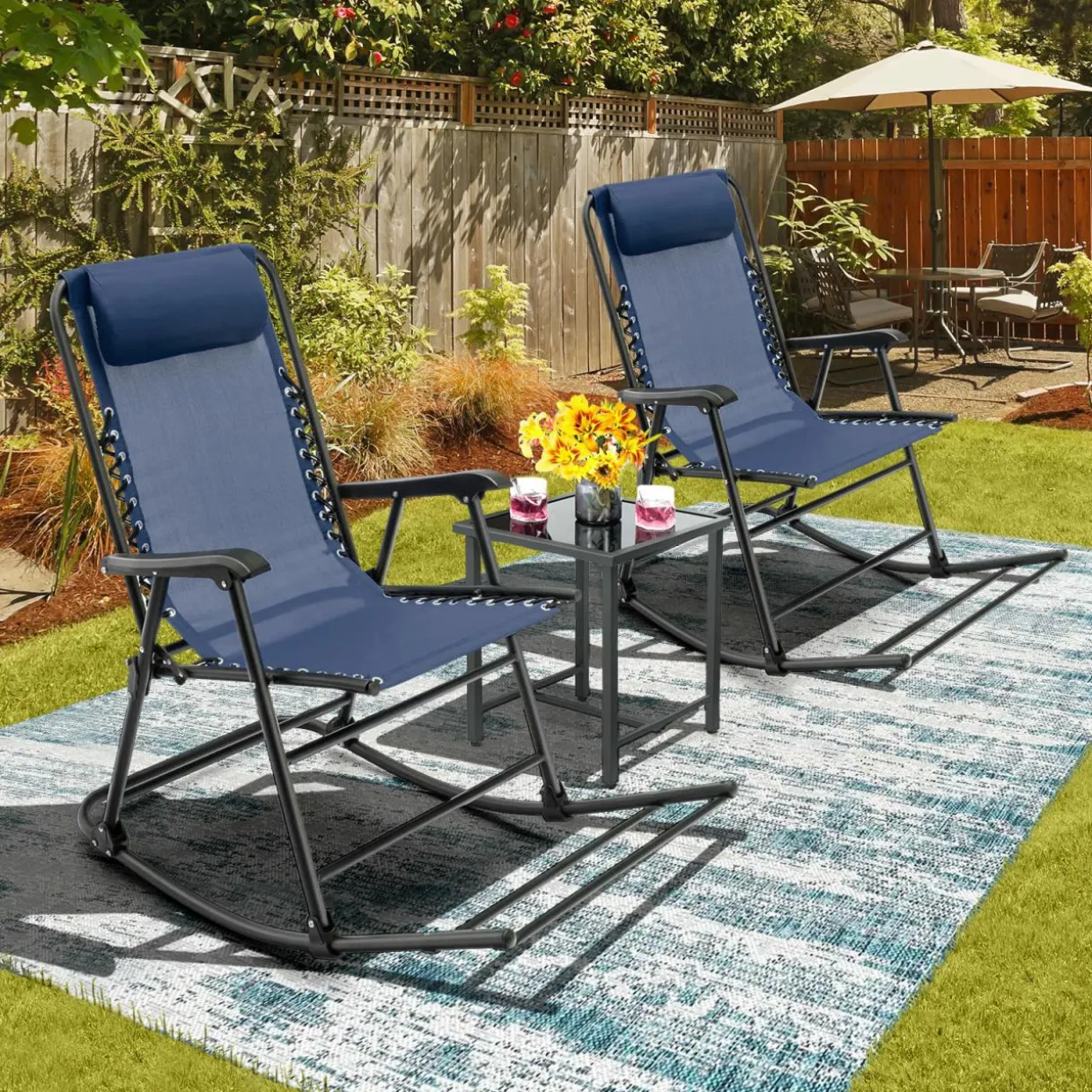 Outdoor Folding Rocking Chair, No Assembly Required, Foldable Rocker Recliner with Headrest