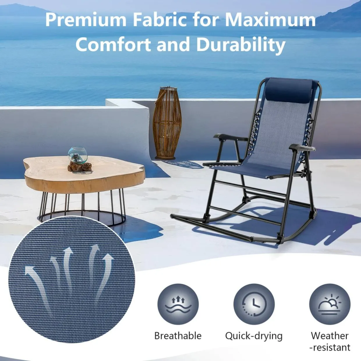 Outdoor Folding Rocking Chair, No Assembly Required, Foldable Rocker Recliner with Headrest