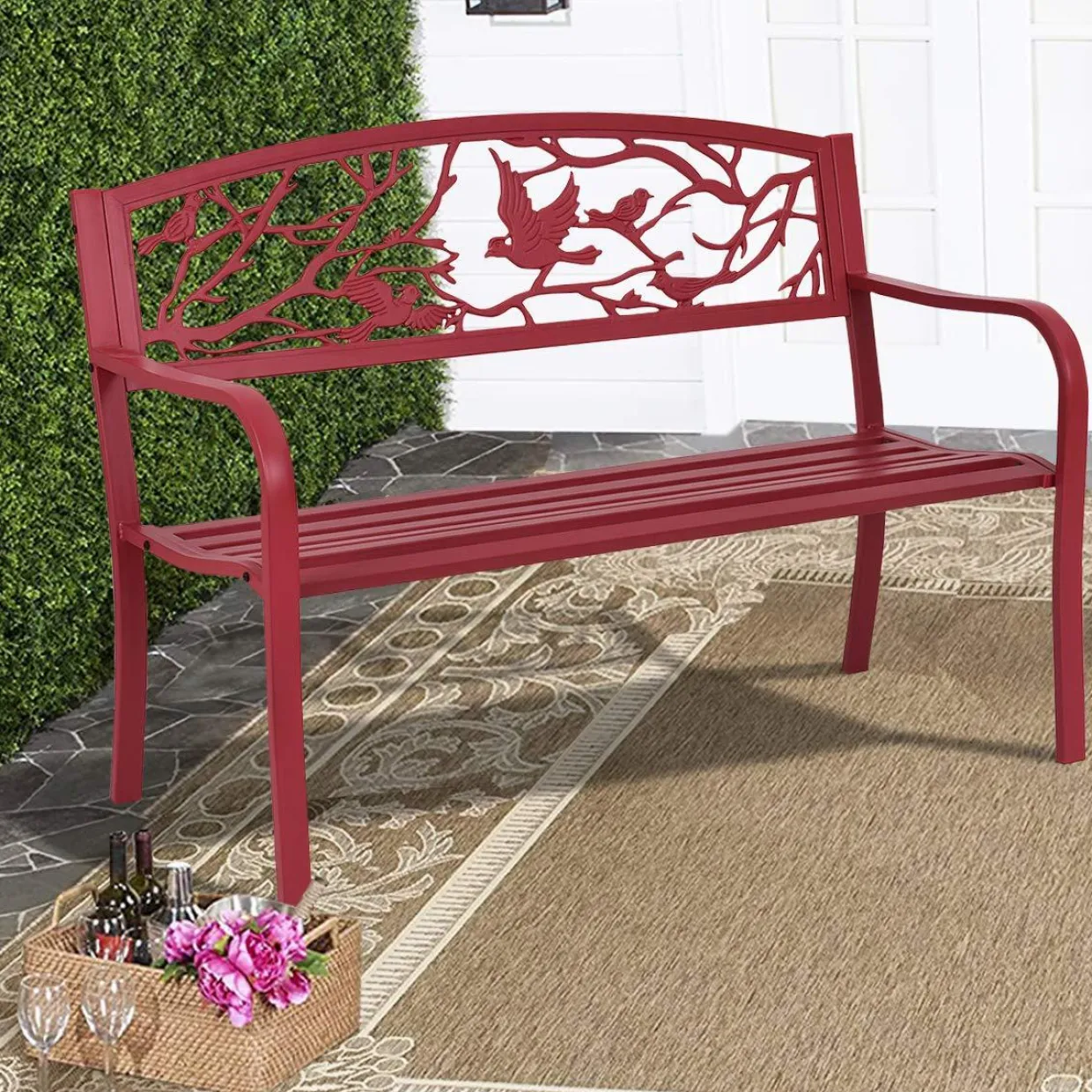 Outdoor Garden Bench Park Bench, Patio Red Bird Bench Loveseat W/Backrest & Armrests
