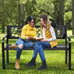 Outdoor Garden Bench Park Bench with Steel Frame & PVC Backrest, Park Bench with Large Seat for 2-3 People