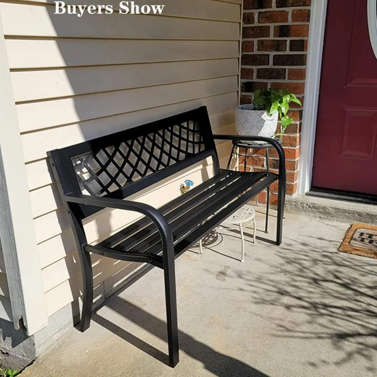 Outdoor Garden Bench Park Bench with Steel Frame & PVC Backrest, Park Bench with Large Seat for 2-3 People