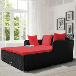 Outdoor Rattan Daybed, Sunbed Wicker Furniture w/Spacious Seat