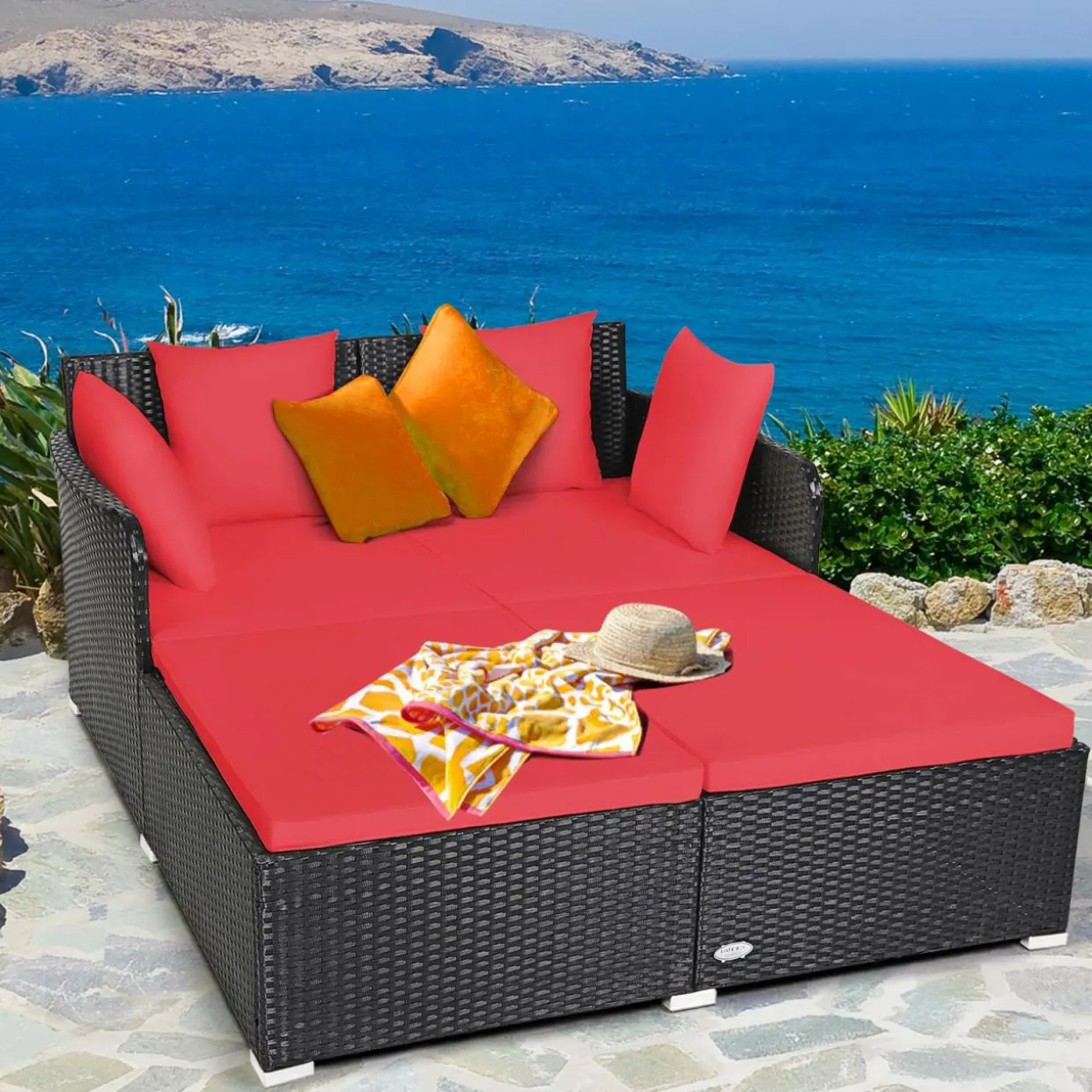Outdoor Rattan Daybed, Sunbed Wicker Furniture w/Spacious Seat