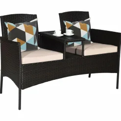Outdoor Rattan Loveseat, Patio Conversation Set with Cushions & Table