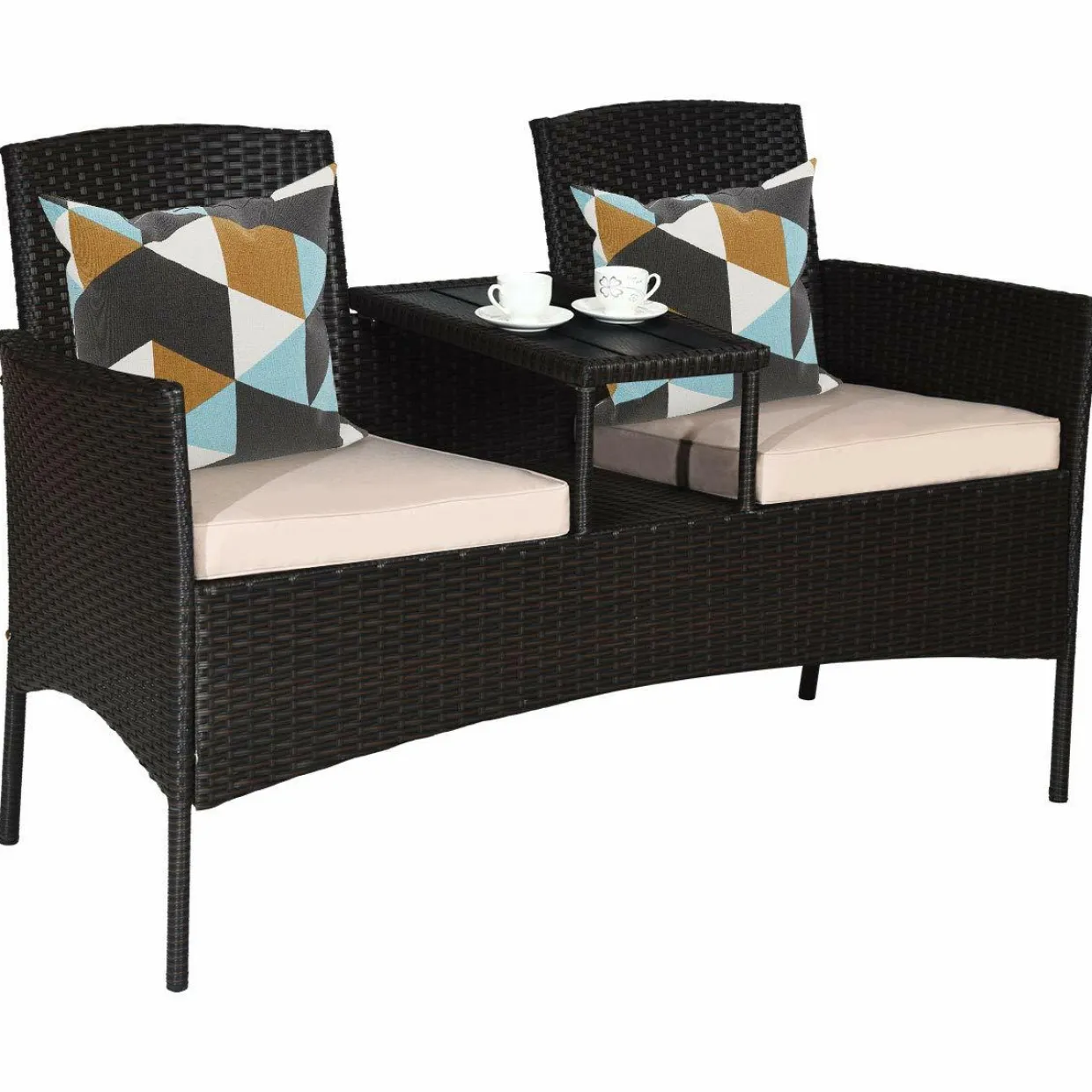Outdoor Rattan Loveseat, Patio Conversation Set with Cushions & Table