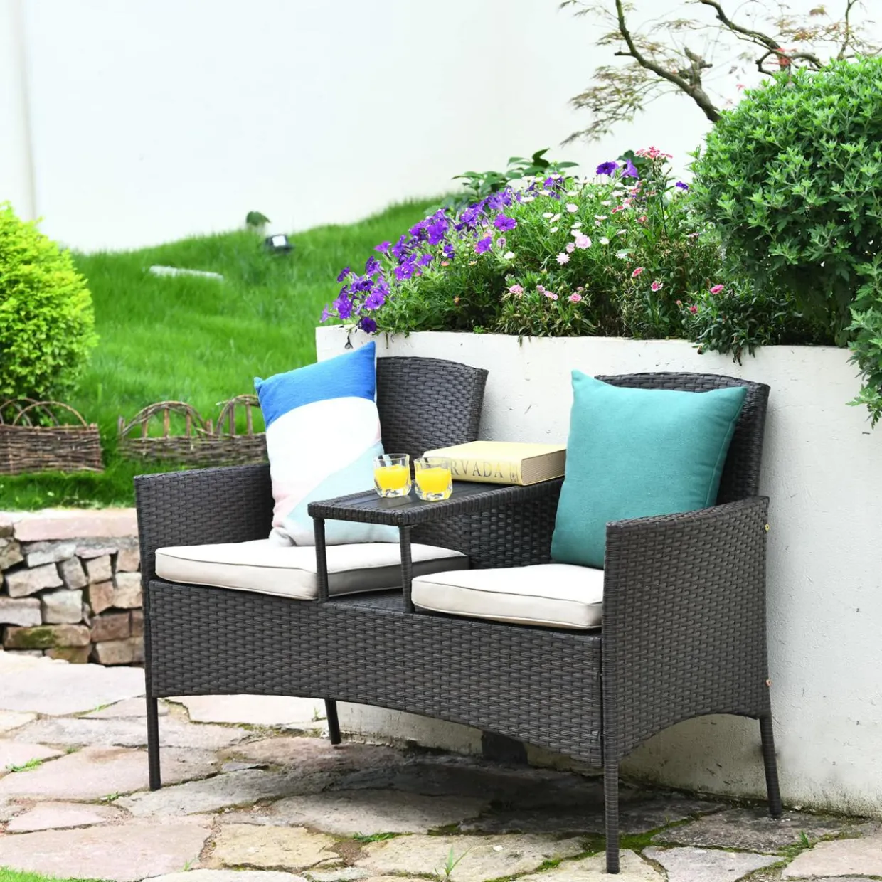 Outdoor Rattan Loveseat, Patio Conversation Set with Cushions & Table